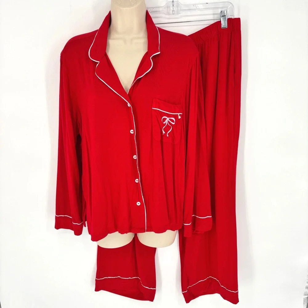 Victoria's Secret Red Modal Pajama Set Long Sleeve Button Top Crop Pants Sz L
